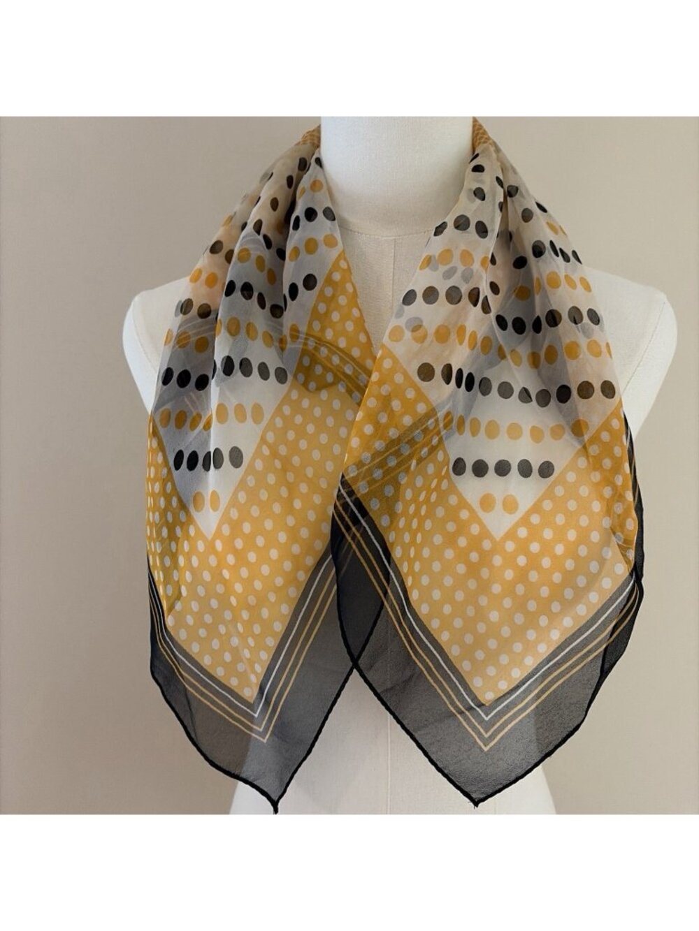 Vintage Black & Gold Polka Dot Scarf  26 X 26" Sheer Retro Old Money 1970s